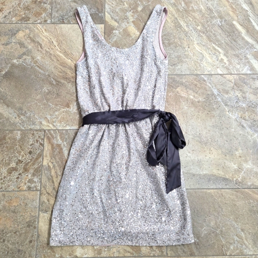 Elegant Silver Sequin Dress with Black Sash